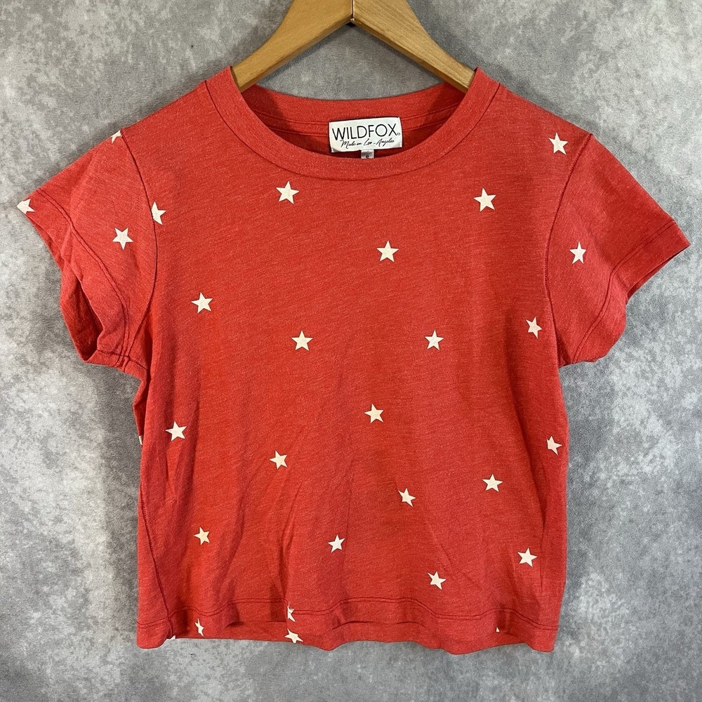 Wildfox Star Print T-Shirt Women Small Red Short Sleeve Cropped Crew Neck Tee